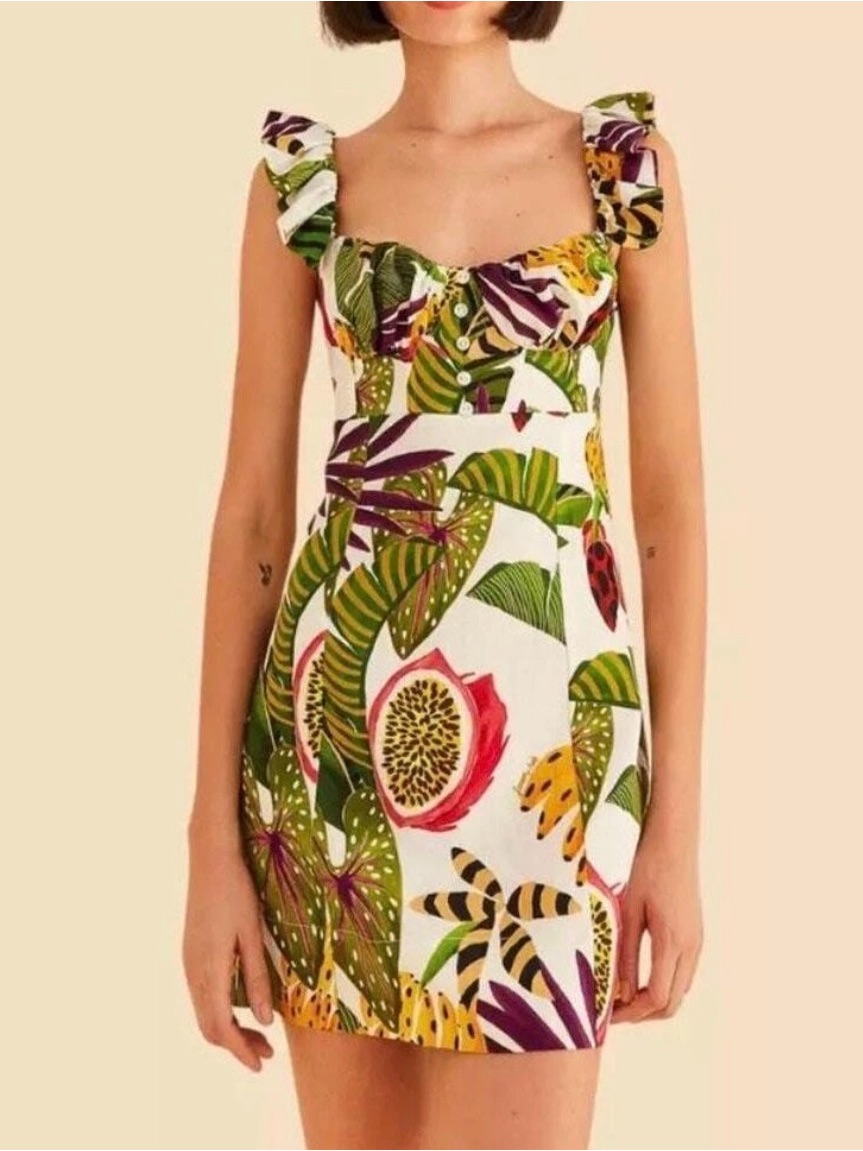 Tropical Print Ruffle Strap Mini Dress - White & Green